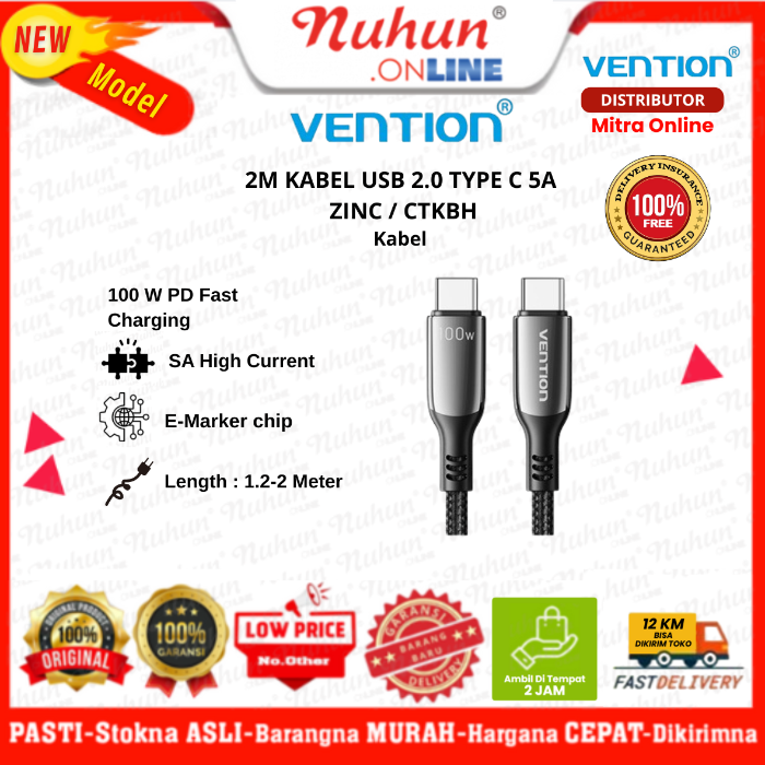 Vention Kabel USB 2M 2.0 Type C 5A Zinc / CTKBH