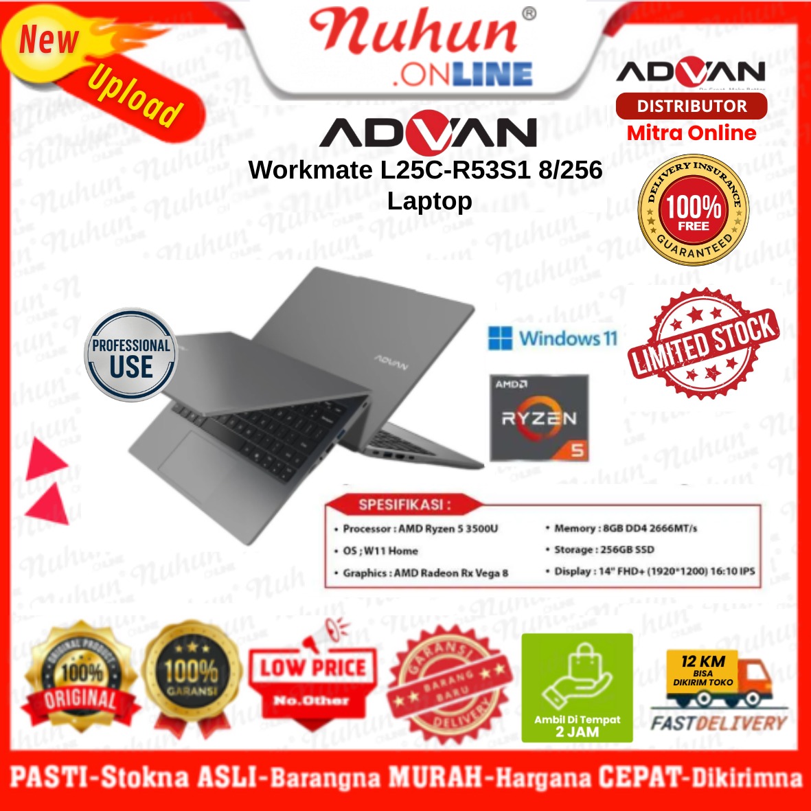 Advan Laptop Workmate L25C-R53S1 Ryzen 5 3500U 8GB 256GB W11 Home Light Blue