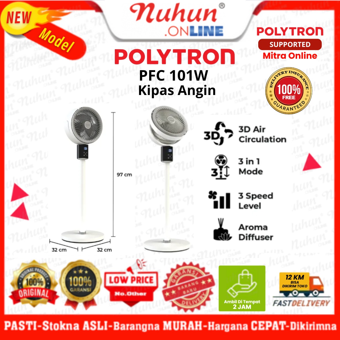 Polytron Circulator Fan PFC 101W 10 Inch 3D Sirkulasi 3 Mode Touch Screen Remote