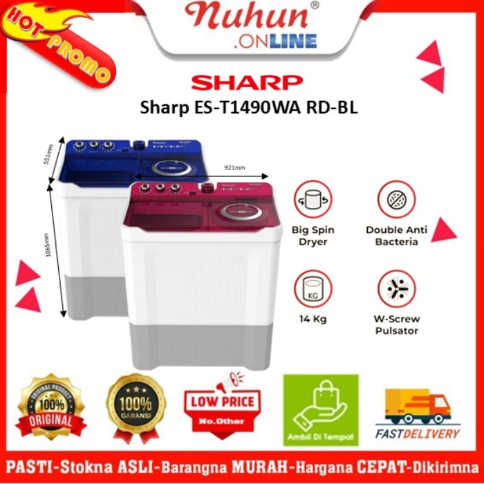 Sharp Mesin Cuci 2 Tabung ES-T1490WA RD-BL