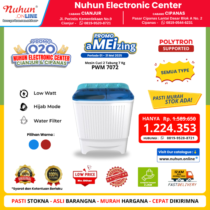 Polytron Primadona Giant 2 Tabung 7 Kg PWM 7072