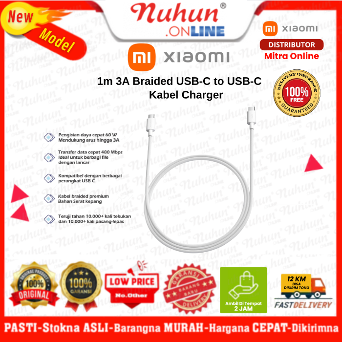 Xiaomi Kabel Charger 1m 3A Braided USB-C to USB-C Original